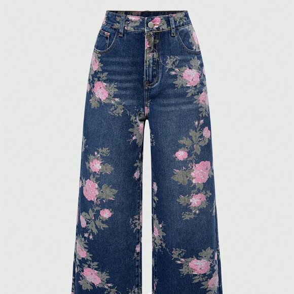 Denim - Blue Casual Women's Floral Print Washed Loose Baggy Flared Jeans